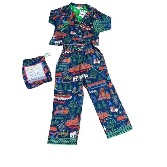 Gretchen Scott Sz XXL 2XL NWT Jodhpur Journal Navy Pajama PJ Set w/ MANTRA BAG - Picture 1 of 16